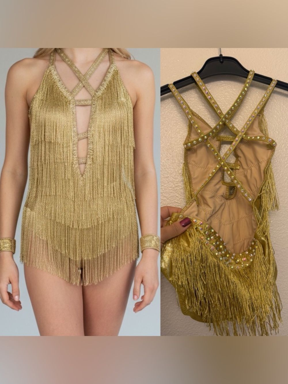 Glamorous flapper fringe solo dance costume gold ballroom MC-Medium child